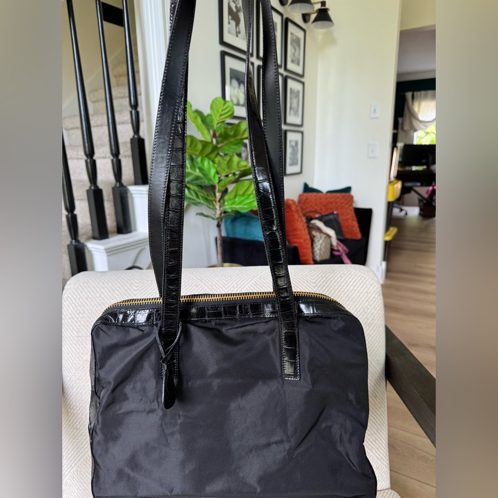 Sleek Black Prada Croc and Nylon Tote